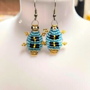 Handcrafted Beaded Blue and Gold Bug Earrings